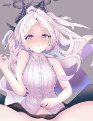 Rule 34 | 1girl, ahoge, blue archive, blush, bottomless, commentary request, demon girl, demon horns, demon wings, eyes visible through hair, forehead, grey background, groin, hair ornament, hairclip, halo, highres, hina (blue archive), horns, long hair, looking at viewer, midriff, mizuki kakeru (bukkake runrun tei), navel, parted bangs, parted lips, purple eyes, sidelocks, simple background, sleeveless, solo, spread legs, white hair, wings