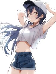 Rule 34 | 1girl, blue hair, blush, borgbutler, commentary request, denim, denim shorts, hair between eyes, hand on own head, highres, long hair, looking at viewer, love live!, love live! school idol project, midriff, navel, shirt, short shorts, shorts, simple background, solo, sonoda umi, stomach, white background, white shirt, yellow eyes