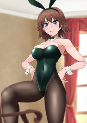 Rule 34 | alternate costume, animal ears, blue eyes, bow, bowtie, breasts, brown hair, brown pantyhose, covered navel, detached collar, fake animal ears, flipped hair, green leotard, hair between eyes, hiei (kancolle), highleg, highleg leotard, highres, kantai collection, large breasts, leotard, looking at viewer, nikku (nzaf5832), pantyhose, playboy bunny, rabbit ears, short hair, smile, solo, strapless, strapless leotard, tail, wrist cuffs