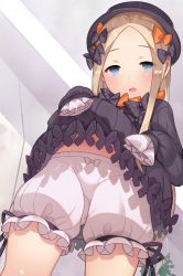 Rule 34 | 1girl, abigail williams (fate), absurdres, black bow, black dress, black hat, blonde hair, bloomers, blue eyes, bow, clothes lift, dress, fate/grand order, fate (series), female focus, from below, gothic lolita, hat, highres, lifted by self, lolita fashion, looking at viewer, nekotewi, orange bow, polka dot, polka dot bow, skirt, skirt lift, sleeves past fingers, sleeves past wrists, solo, underwear