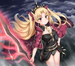 Rule 34 | 1girl, blonde hair, blush, cape, commentary request, earrings, ereshkigal (fate), fate/grand order, fate (series), gold trim, hair ribbon, highres, jewelry, long hair, looking at viewer, nail polish, nedia (nedia region), red cape, red eyes, red ribbon, ribbon, skull, solo, tiara, tohsaka rin, twintails, two side up