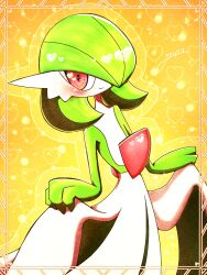 Rule 34 | 1girl, artist name, blush, bob cut, border, closed mouth, colored skin, creatures (company), curtsey, female focus, flat chest, game freak, gardevoir, gen 3 pokemon, green hair, green skin, hair over one eye, hands up, happy, heart, heart background, heart in eye, lifting own clothes, looking at viewer, multicolored skin, nintendo, one eye covered, outline, pokemon, pokemon (creature), red eyes, short hair, signature, smile, solo, sparkle, standing, symbol in eye, two-tone skin, white skin, yellow background, yellow outline, yuri (fl0werspace)