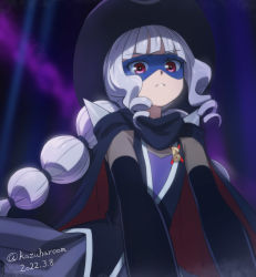 Rule 34 | 1girl, black cape, black gloves, black hat, blue background, braid, cape, closed mouth, commentary request, dated, delicious party precure, elbow gloves, gentlu (precure), gloves, haruyama kazunori, hat, long hair, looking at viewer, mask, precure, red eyes, solo, twin braids, twitter username, white hair
