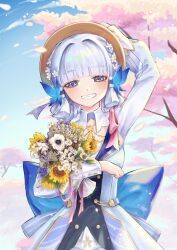 Rule 34 | 1girl, absurdres, ayaka (genshin impact), back bow, blue bow, blue dress, blue eyes, blue hair, blue sky, blunt bangs, blush, bouquet, bow, braid, brown hat, butterfly hair ornament, cherry blossoms, collar, commentary, dress, facing viewer, flower, fushiginek0, genshin impact, grin, hair flower, hair ornament, hair up, hand on own head, hat, hat ribbon, highres, holding, holding bouquet, holding flower, kamisato ayaka, kamisato ayaka (springbloom missive), light blue hair, long sleeves, mole, mole under eye, official alternate costume, official alternate hairstyle, outdoors, ribbon, sky, smile, solo, teeth, upper body, white collar, white ribbon