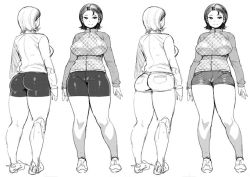 Rule 34 | 1girl, ass, bike shorts, breasts, character sheet, denim, female focus, full body, large breasts, legs, monochrome, multiple views, shoes, short shorts, shorts, simple background, synecdoche, white background