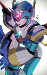 Rule 34 | 1boy, arm cannon, armor, blue headwear, cang she, chest jewel, commentary request, cowboy shot, forehead jewel, fourth armor x (mega man), glowing, green eyes, highres, looking at viewer, mega man (series), mega man x (series), one eye covered, shoulder armor, simple background, weapon, white armor, white background, x (mega man)