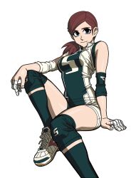 Rule 34 | 1girl, arm support, bandages, black eyes, black shorts, black socks, breasts, brown hair, closed mouth, curvy, elbow pads, elbow sleeve, eyelashes, foot out of frame, jersey, knee pads, leg up, legs, light smile, looking at viewer, medium breasts, medium hair, nihonbashi yowoko, official art, ponytail, shoes, shorts, shoujo fight, simple background, sitting, sleeveless, smile, socks, solo, sportswear, swept bangs, taped fingers, thighs, tight clothes, uniform, volleyball uniform