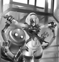 Rule 34 | 1girl, blindfold, cleft of venus, d1975, dress, female focus, forced, machine, monochrome, nier (series), nier:automata, pussy, shiny skin, short hair, sweat, torn clothes, uncensored, 2b (nier:automata)