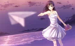 Rule 34 | 1girl, bad id, bad pixiv id, bare shoulders, beach, black eyes, black hair, blurry, book, breasts, cleavage, depth of field, dress, ocean, original, outstretched hand, paper, paper airplane, parsley-f, purple theme, sky, smile, solo, sundress, throwing, white dress