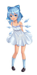 Rule 34 | 1girl, absurdres, blue bow, blue hair, blue socks, bow, cirno, collarbone, dress, full body, hair between eyes, hair bow, happycloud, highres, ice, ice wings, looking at viewer, medium hair, panties, see-through, simple background, socks, solo, strap slip, striped clothes, striped panties, tan, tanline, tanned cirno, touhou, underwear, white background, white dress, wings