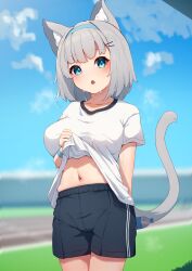 Rule 34 | 1girl, absurdres, animal ear fluff, animal ears, black shorts, blue eyes, blue hairband, blue sky, blurry, blurry background, blush, bottle, breasts, cat ears, cat girl, cat tail, clothes lift, cloud, collarbone, commentary request, day, depth of field, flying sweatdrops, grey hair, gym shirt, gym shorts, gym uniform, hairband, highres, hinata (user rjkt4745), lifting own clothes, looking at viewer, medium breasts, navel, open mouth, original, outdoors, shirt, shirt lift, shorts, sky, solo, standing, sweat, tail, water bottle