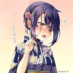 Rule 34 | 1girl, alternate costume, bad id, bad pixiv id, blush, breasts, commentary request, ear blush, embarrassed, eyepatch, floral print, flower, flying sweatdrops, full-face blush, gradient background, hair flower, hair ornament, hair over one eye, hand up, japanese clothes, kantai collection, kimono, kotobuki (momoko factory), long sleeves, looking at viewer, looking away, looking down, one eye covered, parted lips, purple kimono, sash, short hair, small breasts, solo, sweat, tenryuu (kancolle), tsundere, tsurime, twitter username, upper body, yellow background
