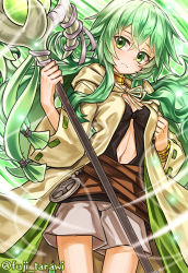 Rule 34 | 1girl, beige coat, belt, black shirt, bracelet, breasts, brown belt, caam serenity of gusto, cleavage, closed mouth, clothing cutout, coat, collar, commentary, cowboy shot, crossed bangs, duel monster, frown, fuji tarawi, green background, green eyes, green hair, hair between eyes, highres, holding, holding staff, hood, hood down, hooded coat, jewelry, long hair, long sleeves, looking at viewer, low ponytail, medium breasts, navel, navel cutout, necklace, open clothes, open coat, ponytail, shirt, short shorts, shorts, sidelocks, solo, staff, standing, twitter username, white shorts, yu-gi-oh!