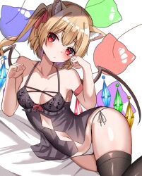 Rule 34 | 1girl, absurdres, animal ears, arm strap, babydoll, balloon, black babydoll, black thighhighs, blonde hair, breasts, cat ears, closed mouth, commentary, crystal, flandre scarlet, hair ribbon, highres, kemonomimi mode, kiui (dagk8254), light frown, lingerie, looking at viewer, lying, medium breasts, medium hair, navel, on bed, on side, one side up, panties, paw pose, red eyes, ribbon, side-tie panties, solo, thighhighs, touhou, underwear, white panties, wings
