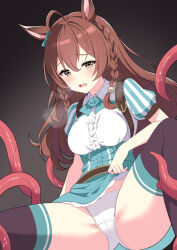 Rule 34 | 1girl, absurdres, ahoge, animal ears, aqua bow, belt, black thighhighs, blush, bow, braid, braided sidelock, breasts, brown eyes, brown hair, center frills, clothes lift, commentary request, dark background, dress, dress lift, ear bow, frills, hair between eyes, hair ornament, heavy breathing, highres, horse ears, horse girl, lifted by self, louche, medium breasts, mejiro bright (umamusume), open mouth, panties, puffy short sleeves, puffy sleeves, short sleeves, side braids, solo, spread legs, striped clothes, striped dress, tentacles, thighhighs, umamusume, underwear, vertical-striped clothes, vertical-striped dress, white panties