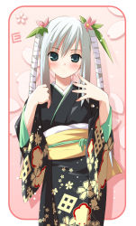 Rule 34 | blush, eretto, flower, green eyes, japanese clothes, kimono, solo, twintails, white hair