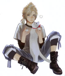 Rule 34 | 1boy, absurdres, aged down, animal, black undershirt, blonde hair, blue eyes, blue shorts, boots, cat, closed mouth, cloud strife, commentary request, final fantasy, final fantasy vii, final fantasy vii remake, full body, heart, highres, holding, holding animal, knee boots, light blush, lips, looking at viewer, low ponytail, maru (ff7), neck ribbon, red ribbon, ribbon, shirt, short hair with long locks, short sleeves, shorts, sitting, spiked hair, swept bangs, tori (labyrinth fft), white background, white cat, white shirt
