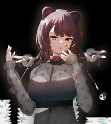 Rule 34 | 1girl, animal ears, black dress, breasts, brown hair, bureoeve, cleavage, collar, commentary request, dog ears, dress, hands up, heterochromia, highres, inui toko, inui toko (5th costume), large breasts, long hair, long sleeves, looking at viewer, nail polish, nijisanji, parted lips, plate, red collar, red eyes, red nails, see-through, see-through cleavage, see-through sleeves, sleeves past wrists, solo focus, upper body, virtual youtuber, yellow eyes