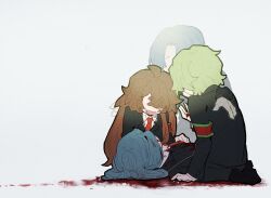 Rule 34 | 1boy, 3girls, ahoge, armband, black jacket, black pants, blood, blood in hair, blood on clothes, blood on face, blood on hands, blue hair, brown hair, chinese commentary, commentary request, crying, dying, employee (project moon), highres, jacket, kneeling, light green hair, lobotomy corporation, long hair, long sleeves, multiple girls, necktie, open mouth, pants, project moon, red armband, red necktie, shirt, short hair, simple background, tesna, white background, white shirt