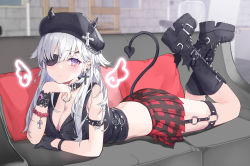 Rule 34 | 1girl, armband, armpit crease, bare shoulders, black choker, black footwear, black gloves, black headwear, black shirt, blurry, boots, bracelet, breast pocket, breasts, head rest, choker, cleavage, closed mouth, collared shirt, couch, crop top, cross, cross earrings, demon horns, demon tail, depth of field, ear piercing, earrings, expressionless, eyepatch, fake horns, gloves, hair flaps, highres, horns, jewelry, knee boots, legs up, long hair, looking at viewer, lying, medium breasts, midriff, miniskirt, on couch, on stomach, original, piercing, pillow, plaid, plaid skirt, pleated skirt, pocket, purple eyes, red skirt, ronopu, shirt, single glove, skirt, sleeveless, sleeveless shirt, solo, spikes, tail, tail raised, the pose, thigh strap, thighs, white hair, winged footwear, wings, wristband