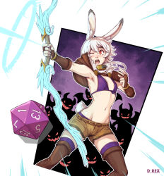 Rule 34 | 1girl, ;o, animal ears, bow (weapon), bra, bracelet, breasts, brown capelet, brown footwear, brown gloves, brown shorts, capelet, collar, d-rex, dice, feet out of frame, fingerless gloves, gloves, glowing, glowing eyes, glowing mouth, highres, holding, holding bow (weapon), holding weapon, horns, jewelry, metal collar, monster, navel, one eye closed, orange eyes, original, outline, panties, purple bra, purple panties, purple thighhighs, rabbit ears, rabbit girl, rabbit tail, red eyes, short hair, shorts, small breasts, solo focus, tail, thighhighs, underwear, weapon, white outline, wings