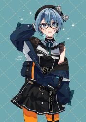 Rule 34 | 1girl, absurdres, beret, black hat, blue eyes, blue hair, choker, gim (gim-gim-3919), hair between eyes, hat, highres, hololive, hoshimachi suisei, hoshimachi suisei (streetwear), jacket, jewelry, lace, lace choker, lace sleeves, looking at viewer, official alternate costume, official alternate hair length, official alternate hairstyle, open mouth, orange pantyhose, pantyhose, ribbon, shirt, smile, solo, virtual youtuber