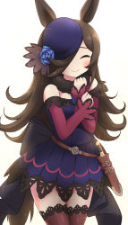 Rule 34 | 1girl, animal ears, black hair, blue flower, blue hat, blue rose, blush, brown hair, closed eyes, closed mouth, dagger, dress, facing viewer, flower, goth fashion, grabbing own arm, hair over one eye, hat, hat flower, highres, horse ears, horse girl, horse tail, knife, long hair, long sleeves, off-shoulder dress, off shoulder, rice shower (umamusume), rose, simoyuki, simple background, smile, solo, sparkle, tail, thighhighs, tilted headwear, umamusume, weapon, white background