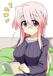 Rule 34 | 00s, 1girl, bad id, bad pixiv id, blush, book, breasts, couch, glasses, large breasts, long hair, looking at viewer, lucky star, pink hair, purple eyes, ribbed sweater, smile, solo, sweater, takara miyuki, take (shokumu-taiman)