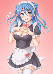 Rule 34 | 1girl, alternate costume, anti (untea9), apron, black dress, blue eyes, blue hair, blush, breasts, cowboy shot, double bun, dress, enmaided, frilled apron, frills, gradient background, hair between eyes, hair bun, heart, highres, kantai collection, large breasts, long hair, looking at viewer, maid, maid apron, maid headdress, open mouth, pink background, solo, thighhighs, twitter username, urakaze (kancolle), waist apron, white apron, white thighhighs
