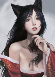 Rule 34 | 1girl, 2020, ahri (league of legends), animal ears, artist name, bare shoulders, black hair, breasts, cleavage, collarbone, dated, detached sleeves, fingernails, fox ears, grey background, hand up, league of legends, lips, lipstick, long fingernails, long hair, looking at viewer, makeup, mascara, nail polish, nose, pale skin, parted lips, realistic, red lips, red nails, signature, solo, strapless, upper body, wide sleeves, yueko (jiayue wu)