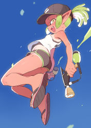 Rule 34 | 1girl, ass, baseball cap, blue sky, child, day, dolphin shorts, fang, feet, full body, green hair, hat, inkling, inkling girl, inkling player character, looking at viewer, mask, micro shorts, midair, mouth mask, nintendo, one-piece tan, open mouth, pointy ears, sandals, short shorts, shorts, sky, sleeveless, solo, splat dualies (splatoon), splatoon (series), tan, tank top, tanline, tentacle hair, ter (otokoter), toes, undershirt