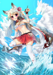 Rule 34 | 1girl, :d, absurdres, animal ears, azur lane, black cape, blue sky, blush, boat, breasts, cape, day, dog ears, floral print, highres, looking at viewer, medium breasts, midriff, mizuhamn, navel, ocean, open mouth, outdoors, purple eyes, red skirt, skirt, sky, smile, solo, thick eyebrows, thighhighs, watercraft, white hair, white thighhighs, yuudachi (azur lane), yuudachi (shogun of snowballs) (azur lane)