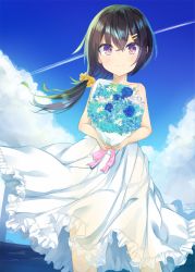 Rule 34 | 1girl, black hair, blue sky, blush, bouquet, closed mouth, cloud, cloudy sky, contrail, crossed bangs, day, dress, flower, hair between eyes, hair ornament, hair scrunchie, hairclip, highres, holding, holding bouquet, kafuka, kavka, legs apart, long hair, looking at viewer, low ponytail, original, outdoors, purple eyes, scrunchie, see-through silhouette, side ponytail, sidelocks, sky, smile, solo, spaghetti strap, standing, sundress, white dress