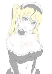 Rule 34 | 1girl, absurdres, bad id, bad twitter id, bare shoulders, black hair, blonde hair, blue eyes, blush, breasts, cleavage, collar, crop top, cropped shirt, detached collar, donguri suzume, frilled collar, frills, grin, hair between eyes, head tilt, highres, large breasts, long sleeves, looking at viewer, maid, maid headdress, midriff, multicolored hair, navel, pale color, simple background, smile, solo, two-tone hair, white background
