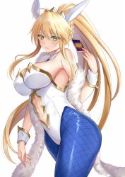 Rule 34 | 1girl, ahoge, animal ears, artoria pendragon (all), artoria pendragon (fate), artoria pendragon (swimsuit ruler) (fate), bare shoulders, blonde hair, blue neckwear, blue pantyhose, blush, braid, breasts, card, cleavage, clothing cutout, detached collar, fake animal ears, fate/grand order, fate (series), feather boa, fishnet pantyhose, fishnets, french braid, green eyes, harimoji, highleg, highleg leotard, large breasts, leotard, long hair, looking at viewer, navel, navel cutout, pantyhose, playboy bunny, playing card, ponytail, rabbit ears, sidelocks, simple background, solo, tiara, white background, white leotard, wrist cuffs