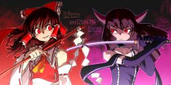 Rule 34 | 2girls, bow, character name, closed mouth, detached sleeves, elbow gloves, gloves, gohei, hair bow, hair tubes, hakurei reimu, hime cut, holding, holding weapon, horns, karma (mugen), long hair, m.u.g.e.n, monochrome, multiple girls, oso (toolate), red eyes, ribbon-trimmed sleeves, ribbon trim, simple background, touhou, upper body, weapon, white background, wide sleeves