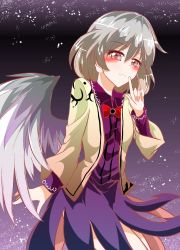 Rule 34 | 1girl, blush, finger to mouth, grey hair, highres, kishin sagume, looking at viewer, matsuoka michihiro, red eyes, single wing, smile, solo, touhou, wings