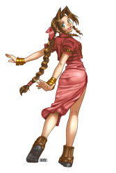 Rule 34 | 1girl, aerith gainsborough, arms behind back, ass, boots, bracelet, braid, breasts, brown hair, cropped jacket, curly hair, dress, final fantasy, final fantasy vii, from behind, full body, green eyes, hair ribbon, jacket, jewelry, keith (keith&#039;s workshop), long dress, medium breasts, open mouth, parted bangs, pink dress, pink ribbon, red jacket, ribbon, sidelocks, smile, solo, square enix, standing, white background