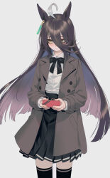 Rule 34 | 1girl, ahoge, alternate costume, animal ears, black background, black skirt, black thighhighs, blush, bow, bowtie, box, brown coat, closed mouth, coat, collared shirt, commentary, cowboy shot, earrings, english commentary, gift, gift box, grey background, hair between eyes, highres, holding, holding gift, horse ears, jewelry, long sleeves, looking down, manhattan cafe (umamusume), multicolored hair, open clothes, open coat, pleated skirt, sarcophage, shirt, shirt tucked in, simple background, single earring, skirt, solo, standing, streaked hair, thighhighs, umamusume, yellow eyes, zettai ryouiki
