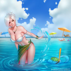Rule 34 | 1boy, 1girl, bare shoulders, beach umbrella, bikini, breasts, brown eyes, cleavage, highres, jewelry, large breasts, league of legends, leaning forward, midriff, navel, necklace, partially submerged, patreon username, polkin, riven (league of legends), sarong, short hair, silver hair, smile, standing, strapless, strapless bikini, swimsuit, tumblr username, umbrella, water, watermark, web address, white bikini, zac (league of legends)