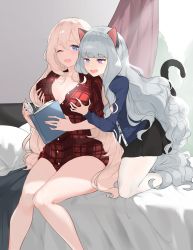 Rule 34 | 2girls, absurdly long hair, animal ears, bed, bed sheet, black skirt, blonde hair, blue eyes, blue shirt, book, grabbing another&#039;s breast, cat ears, cat girl, cat tail, commission, curtains, fang, grabbing, grabbing from behind, grey hair, heterochromia, highres, holding, holding book, long hair, looking at viewer, multiple girls, myndi, no pants, open mouth, orgasm, original, pantyhose, pillow, plaid, plaid shirt, purple eyes, red shirt, sakotach, seiza, shirt, sitting, skirt, smug, smytsu, tail, thick thighs, thighs, very long hair, white legwear