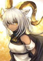 Rule 34 | 1girl, 3 (sanyako1), animal ears, arknights, bangs, bare shoulders, beeswax (arknights), black cape, cape, closed mouth, collar, dark-skinned female, dark skin, dress, goat ears, goat girl, goat horns, gradient, gradient background, grey hair, highres, horns, infection monitor (arknights), long hair, looking at viewer, solo, upper body, white dress, yellow background, yellow eyes