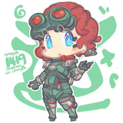 Rule 34 | 1girl, :o, animification, apex legends, artist name, black gloves, blue eyes, blush, chibi, dated, gloves, goggles, goggles on head, horizon (apex legends), jrpencil, looking to the side, open hand, open mouth, red hair, short hair, solo, spacesuit