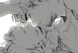Rule 34 | 2boys, backlighting, bara, closed eyes, couple, face-to-face, facial hair, from side, goatee stubble, greyscale, hand in another&#039;s hair, hand on another&#039;s head, happy, isuke, kiss, kissing forehead, light blush, male focus, monochrome, multiple boys, original, profile, shirt, short hair, sideburns stubble, sketch, smile, sparse stubble, stubble, t-shirt, thick eyebrows, unfinished, wavy hair, yaoi