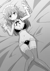 Rule 34 | 1girl, arms up, bed sheet, bikini, blush, bow, bow panties, bra, breasts, closed mouth, detached collar, fishnet thighhighs, fishnets, frilled bra, frilled panties, frilled pillow, frills, from above, greyscale, groin, highres, long hair, looking at viewer, lying, maid, maid bikini, maid headdress, medium breasts, monochrome, navel, neck ribbon, on back, on bed, original, panties, pillow, ribbon, solo, swimsuit, takeuchi motoki, thigh gap, thighhighs, two side up, unconventional maid, underwear, underwear only, wrist cuffs