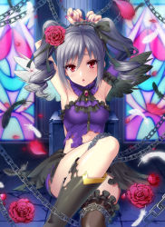 Rule 34 | 10s, 1girl, armpits, arms up, bare shoulders, black thighhighs, blush, breasts, brooch, chain, drill hair, flower, grey hair, hair flower, hair ornament, idolmaster, idolmaster cinderella girls, jewelry, kanzaki ranko, long hair, looking at viewer, nail polish, open mouth, purple nails, red eyes, rose, rosenburg engel, single thighhigh, solo, stained glass, thighhighs, torn clothes, twin drills, twintails, urabi (tomatohouse), wings