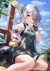 Rule 34 | 1girl, absurdres, ahoge, arknights, black dress, blue sky, cloud, commentary, day, dress, golem (he ji gao), grey hair, highres, long hair, looking at viewer, official alternate costume, outdoors, parted lips, short dress, sky, solo, swept bangs, tomimi (arknights), two side up, yellow eyes