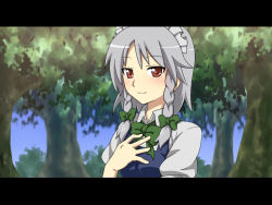 Rule 34 | 1girl, aisora, braid, female focus, forest, hairband, hand on own chest, izayoi sakuya, letterboxed, maid, nature, red eyes, ribbon, short hair, silver hair, smile, solo, embodiment of scarlet devil, touhou, tree, twin braids, upper body