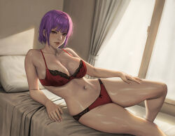 Rule 34 | 1girl, ayane (doa), bra, breasts, cleavage, curtains, dead or alive, dead or alive xtreme, hand on own leg, highres, indoors, jeneral, large breasts, looking at viewer, lying, navel, on bed, on side, panties, parted lips, pillow, purple hair, red bra, red eyes, red panties, shiny skin, short hair, solo, stomach, underwear, underwear only, window