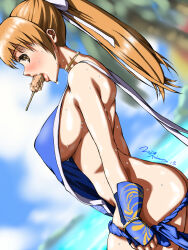 Rule 34 | 1girl, ^ hb ^, ass, bare shoulders, blue eyes, blush, breasts, brown hair, cloud, dead or alive, eating, highres, kasumi (doa), large breasts, looking back, ponytail, sexually suggestive, sideboob, sleeveless, water